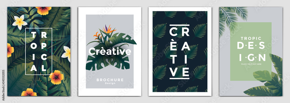 Naklejka Tropical Brochure Design Layout Template in A4 size, greeting cards. Frame with tropic leaves. Ideal for party poster, greeting card, banner or invitation. Vector Illustration