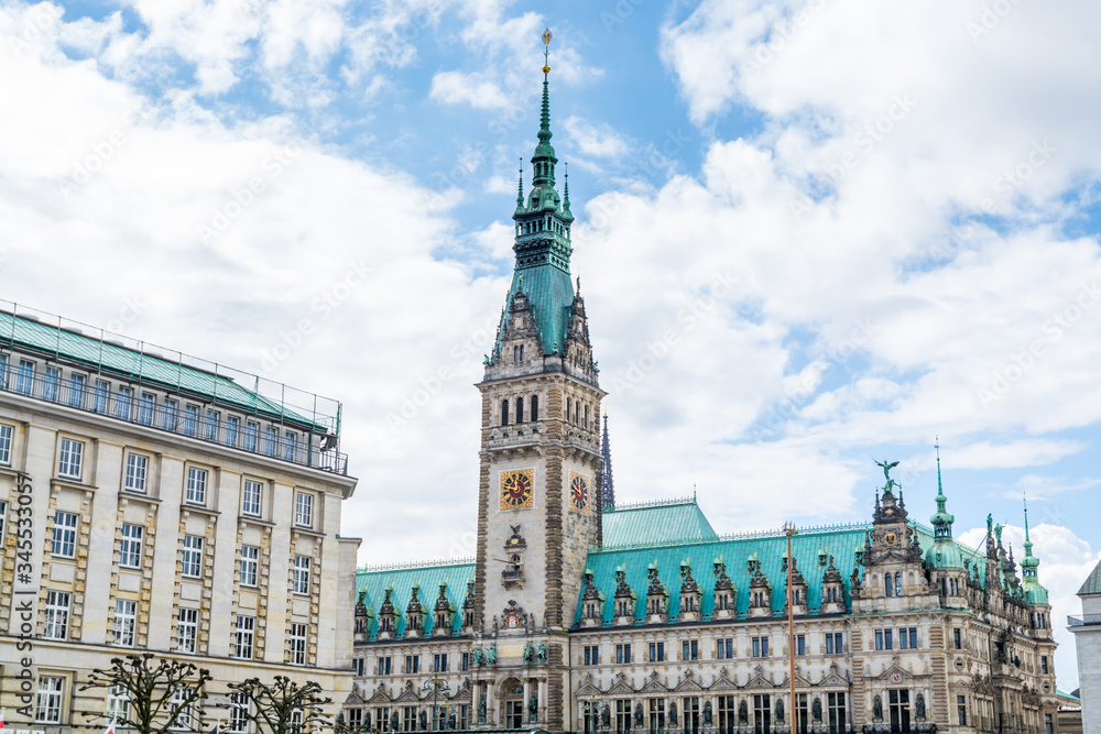 Building of the Hamburg City Hall,  the seat of the government of Hamburg, located in the Altstadt quarter in the city center of Hamburg, Germany.