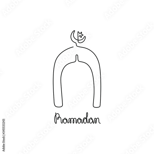 Ramadan inscription, islamic design crescent moon and mosque silhouette, continuous line drawing, small tattoo, print for clothes and logo design, emblem or logo design, isolated vector illustration.