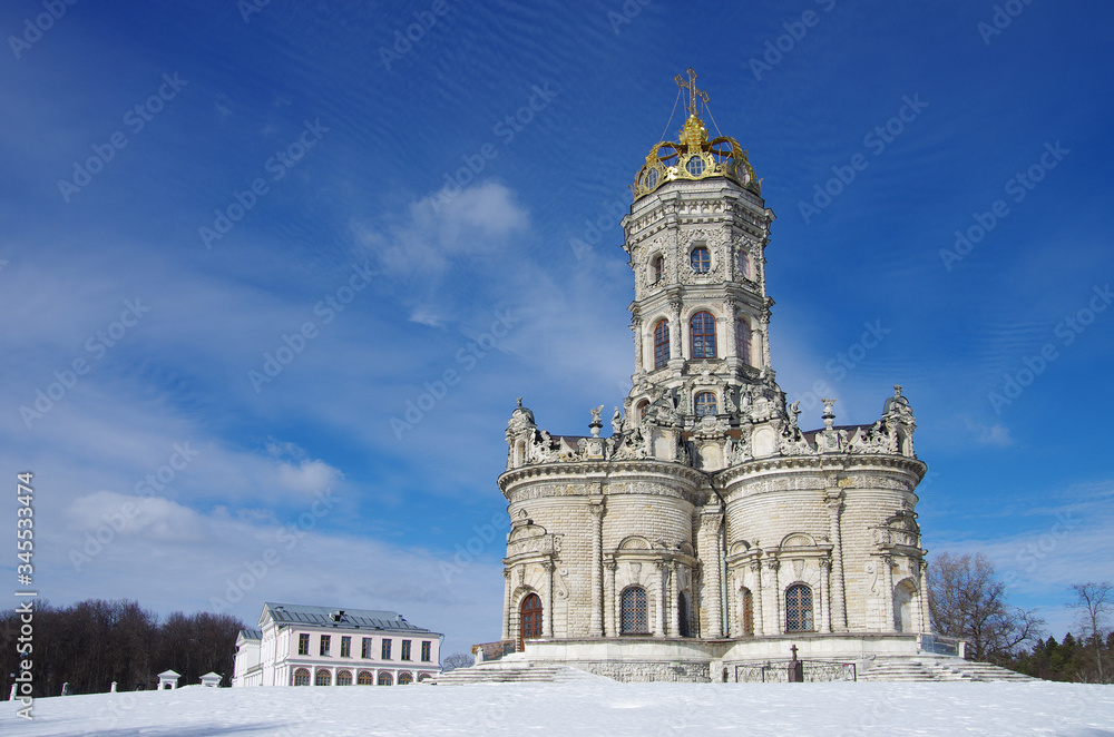 DUBROVITSY, MOSCOW REGION, RUSSIA - March, 2019: Church of the Theotokos of the Sign at Dubrovitsy Estate DUBROVITSY, MOSCOW REGION, RUSSIA - March, 2019: Church of the Theotokos of the Sign at Dubrovitsy Estate