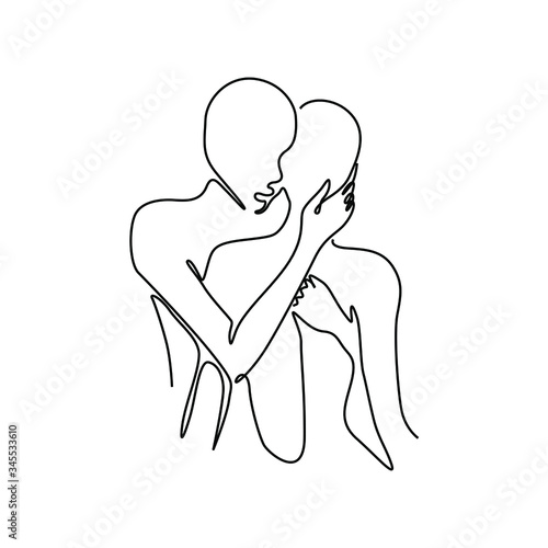 Hugging couple  embrace  friends meet with hugs  continuous line drawing  small tattoo  print for clothes and logo design  emblem or logo design  isolated vector illustration.