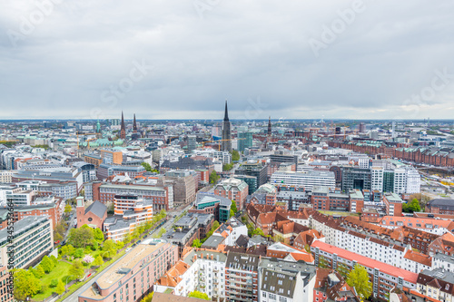Aerial view of downtown of Hamburg, Germany, view from the clock tower of Church of St. Michael. A landmark of the city and considered to be one of the finest Hanseatic Protestant baroque churches