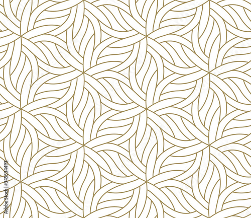 Seamless floral pattern with abstract geometric flower line texture, gold on white background. Light modern simple wallpaper, bright tile backdrop, decorative graphic element