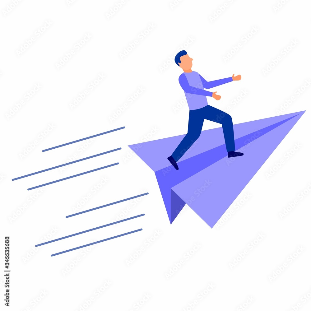 Vector illustration, achievement concept, business man standing on a paper airplane, moving towards the goal.