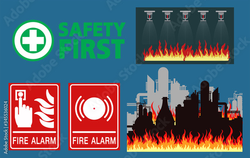 Fire alarm system, Factory fire and fire sprinkler,safety first, emergency icons
