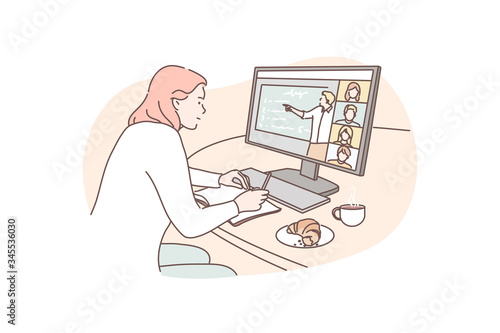 Training, communication, distance, business, feelance concept. Young woman manager freelancer cartoon character participates in video conference remotely. Online training or work on self isolation.