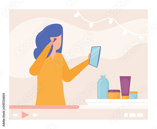 Makeup video tutorial, beauty blogger in internet, vector illustration. Online glamour broadcast, girl character with cosmetic, professional beautiful woman character. Make up online lesson.