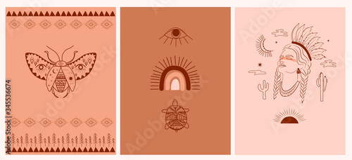 Collection of boho and tribal posters, woman face portrait, birds, esoteric and tribal elements, insect and plants. Minimalist objects one line style. Editable Vector Illustration.