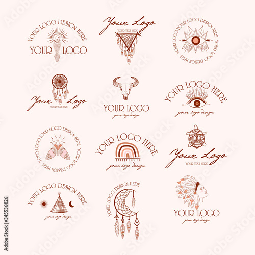 Collection of logotype with boho and tribal elements. Woman portrait, dreamcatcher, birds, animals skull, esoteric elements, insect and plants. Minimalist objects one line style. Vector Illustration.