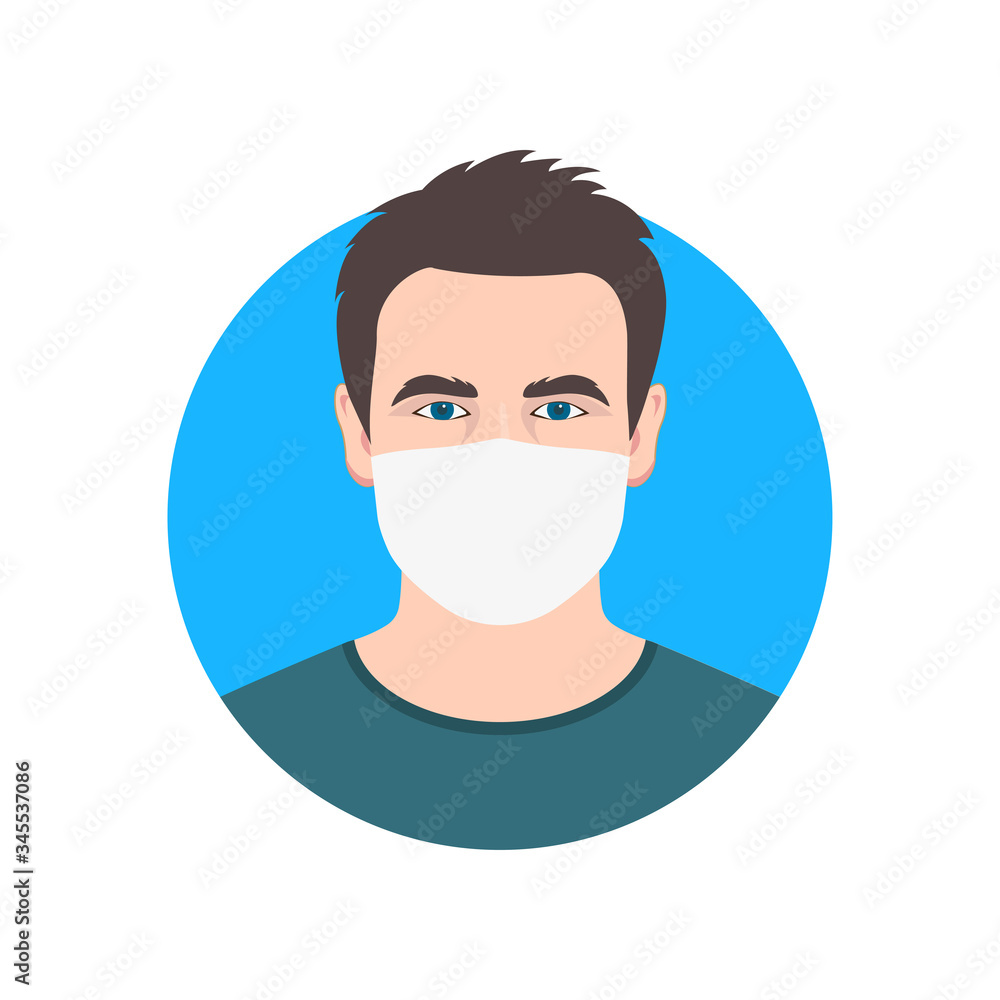 Man face icon in medical mask. Male person in surgical mask. People avatar design. Vector illustration.