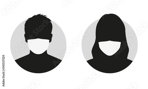 Man and Woman face silhouette in medical mask. Male and female person avatar in surgical mask. Vector illustration.