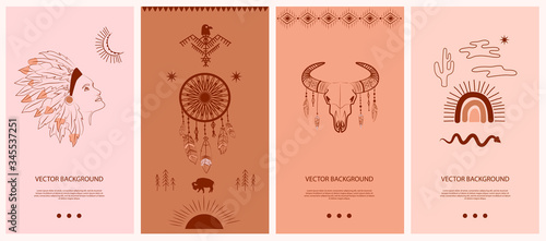 Collection vertical template for networking and social media. Boho and Tribal elements, woman face portrait, dreamcatcher, birds, buffalo skull, esoteric elements, insect, plants. Vector Illustr