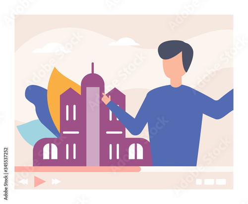 Travel video blogger, online trip vector illustration. Internet trip with cartoon man character, social streaming journey. Live blog at network, explorer near large building city landmark.