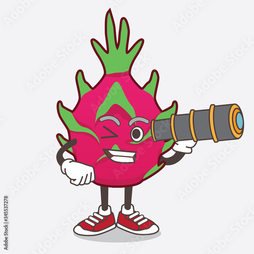 Dragon Fruit cartoon mascot character using a monocular