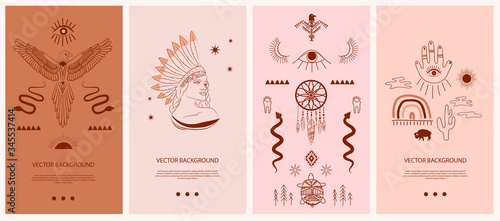 Collection vertical template for networking and social media. Boho and Tribal elements, woman face portrait, dreamcatcher, eagle birds, esoteric elements, insect, plants. Vector Illustration.