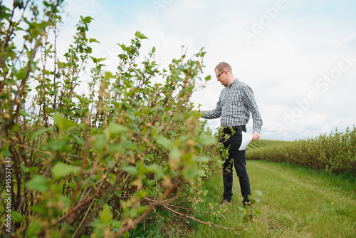 Modern agronomist with folder working on currant field at outdoor