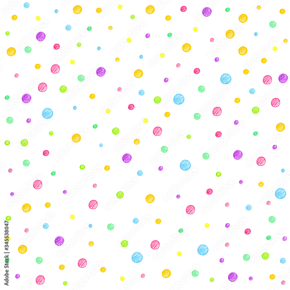 Multicolored polka dot pattern on a white background.