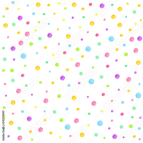 Multicolored polka dot pattern on a white background.