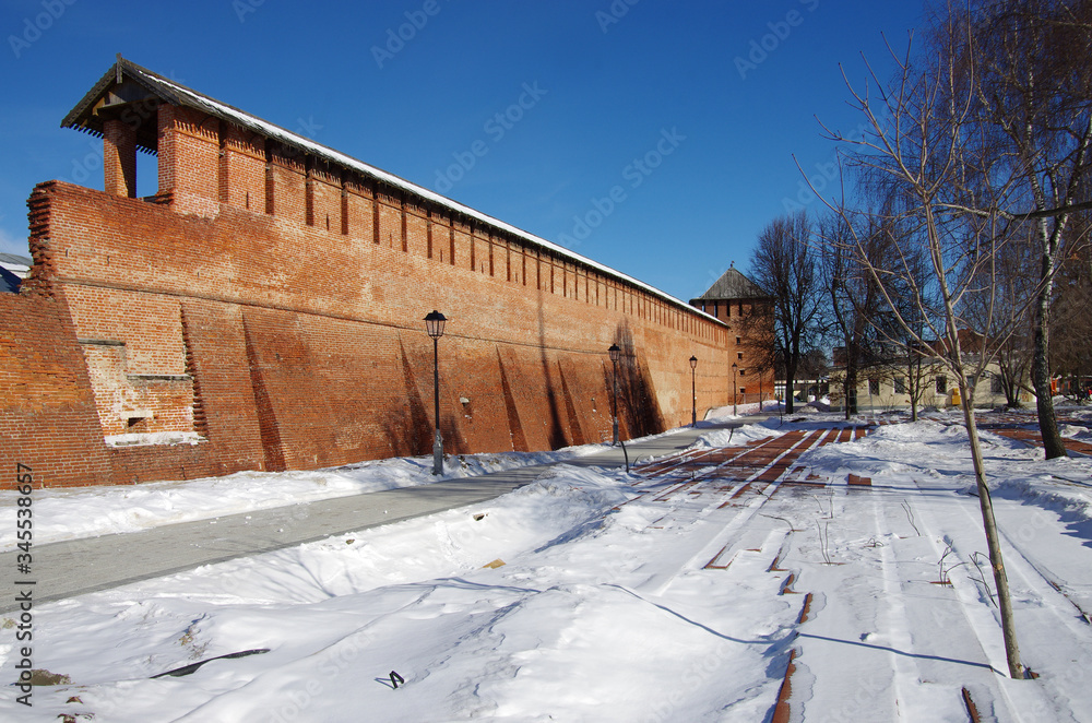 KOLOMNA, RUSSIA - February, 2019: remlin wall and tower in winter day