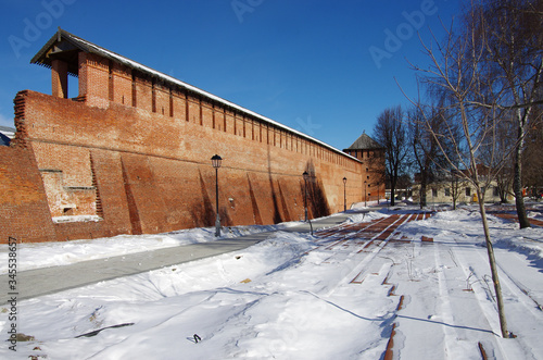 KOLOMNA, RUSSIA - February, 2019: remlin wall and tower in winter day