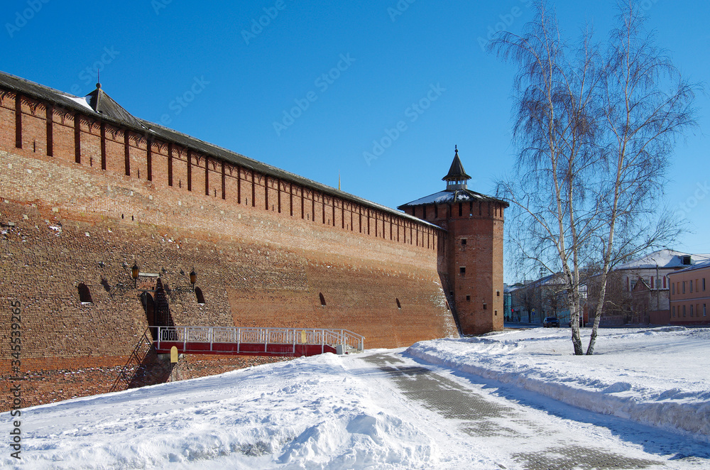 KOLOMNA, RUSSIA - February, 2019: remlin wall and tower in winter day