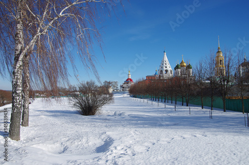 KOLOMNA, RUSSIA - February, 2019: View of historical center with church in russian town in winter day