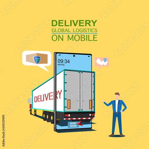 People stand near delivery truck. delivery global logistics online concept. Delivery home and office. City logistics. Delivery man, warehouse, truck, on mobile. vector illustration