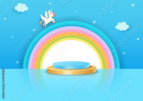 Unicorn and rainbow with podium stands on blue sky background.