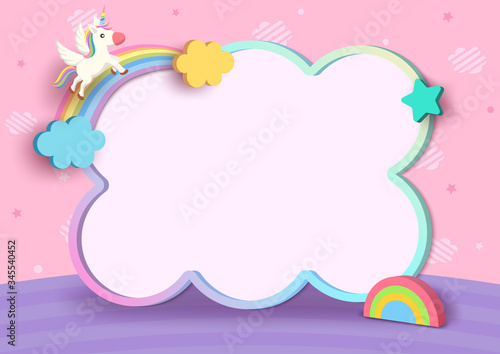Unicorn and rainbow with frame on pink background.