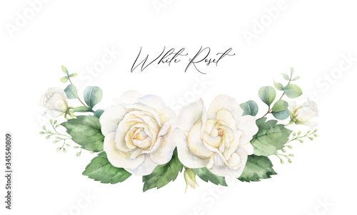 Watercolor vector hand painted wreath with green eucalyptus leaves and white roses.