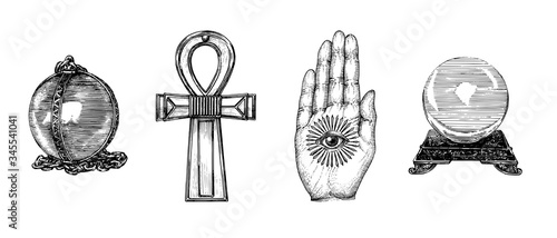 Mysterious and occult things,vector illustration in engraving style. Magical symbols set.Sketches of esoteric artefacts.
