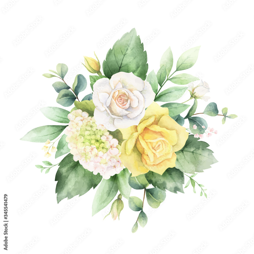 Watercolor vector hand painted bouquet with green eucalyptus leaves and white roses.