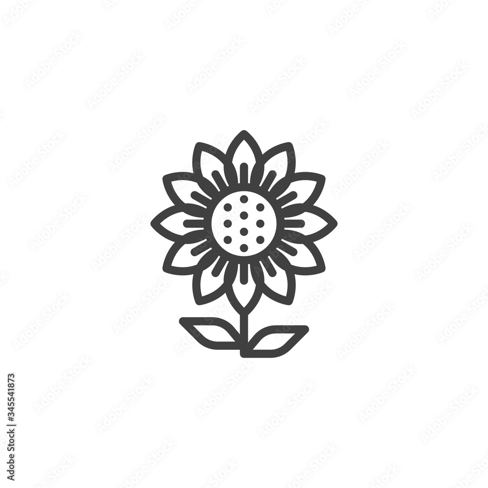 Sunflower line icon. linear style sign for mobile concept and web design. Sunflower with leaves outline vector icon. Farming and agriculture symbol, logo illustration. Vector graphics