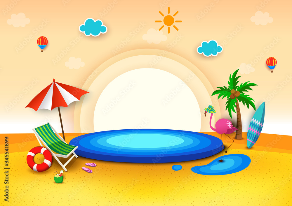 Summer background design with pool podium and beach 3d style.