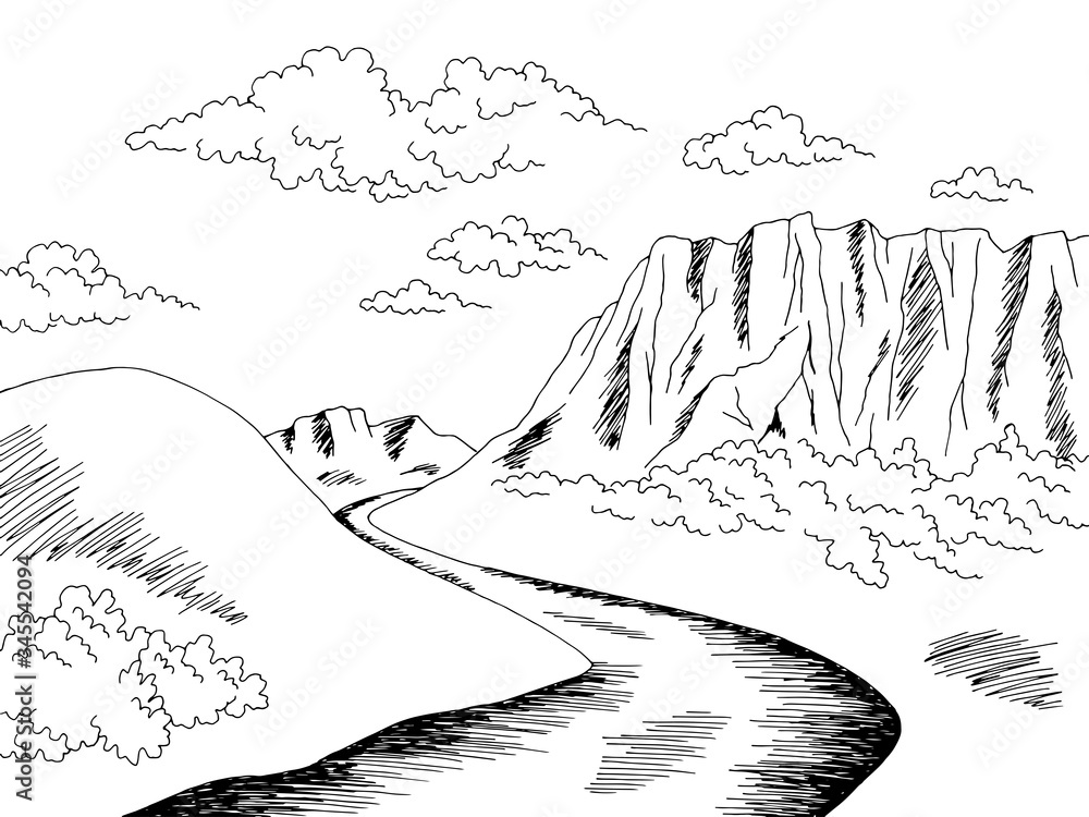 Plateau tableland mountain river graphic black white landscape sketch illustration vector