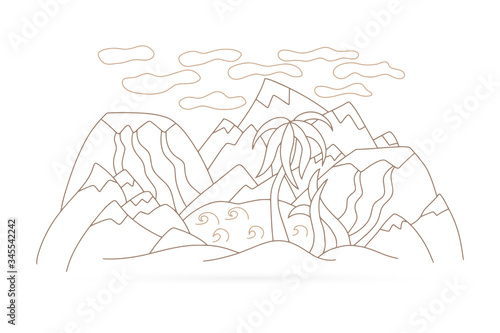 Doodle oasis with lake, volcano, sandy mountains and palm tree isolated on white. Coloring page book. Outline hand drawing line art. Sketch vector stock illustration
