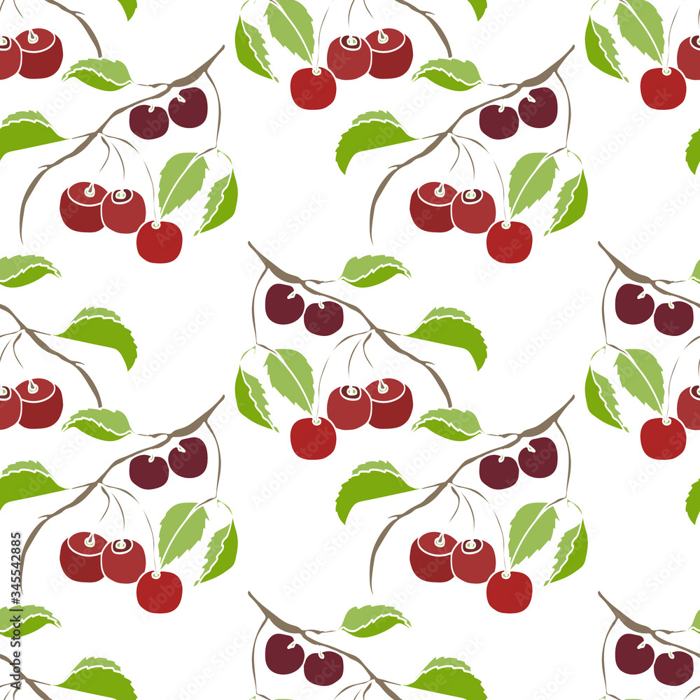 Sketch cherry.Cherry seamless pattern.Image on a white and color background. Sketch cherry.Cherry seamless pattern.Image on a white and color background.