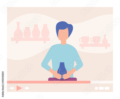 Pottery video tutorial for people want study, vector illustration. Man character shape clay for make decorative modern ceramics. App for distance master knowledge giving, crockery creation.