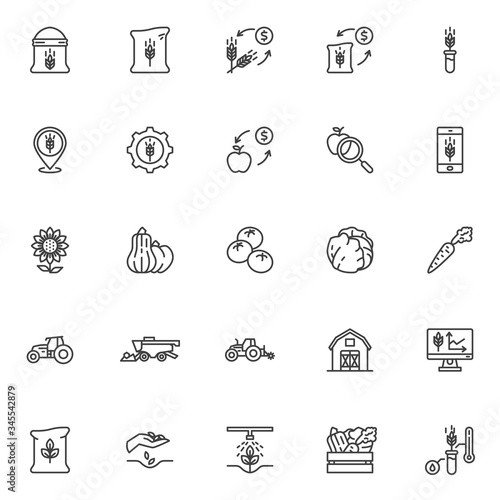 Farming and agriculture line icons set. linear style symbols collection, outline signs pack. vector graphics. Set includes icons as vegetable harvesting, field cultivation tractor, harvester machine