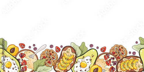 Seamless border with oatmeal porridge, avocado with egg, cookies, fruit sandwich.