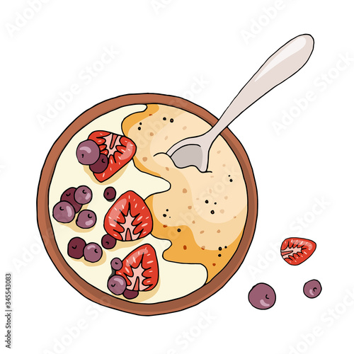 Healthy breakfast, oatmeal porridge with berries. Hand drawn food illustration.