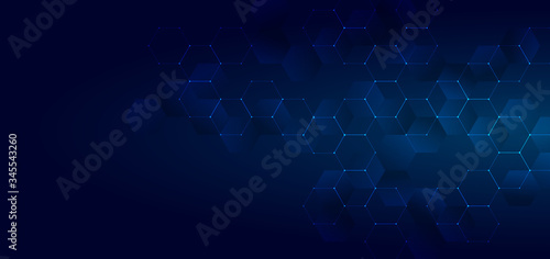Abstract technology or medical concept blue glowing hexagons shape pattern on dark background