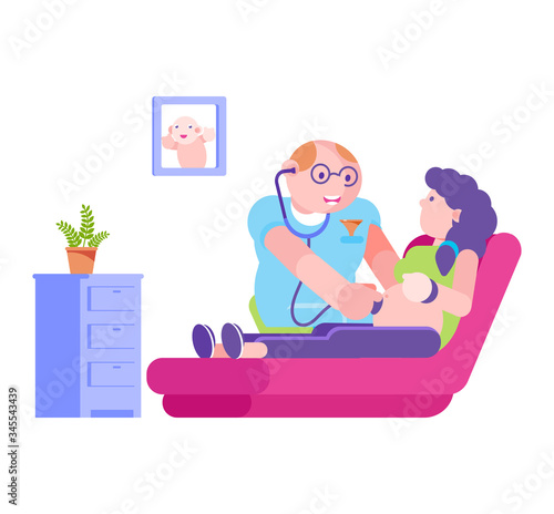Doctor with stethoscope listen to pregnant woman abdomen, vector illustration. Pregnancy health care in hospital, check flat mother and baby in belly. Clinic professional cartoon examination.
