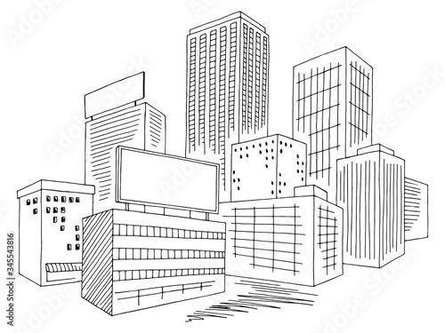 City billboard graphic black white landscape sketch illustration vector