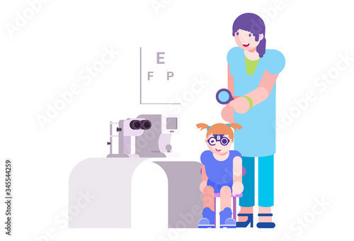 Eyesight clinic equipment, vision test vector illustration. Ophthalmologist check cartoon character child eyesight. Optical young girl treatment, medical flat test on white background.