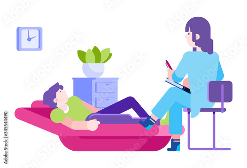 Doctor psychiatrist help teenager patient, vector illustration. Psychology therapy for cartoon guy mental health, depression care and counseling. Professional psychotherapy session consultation.