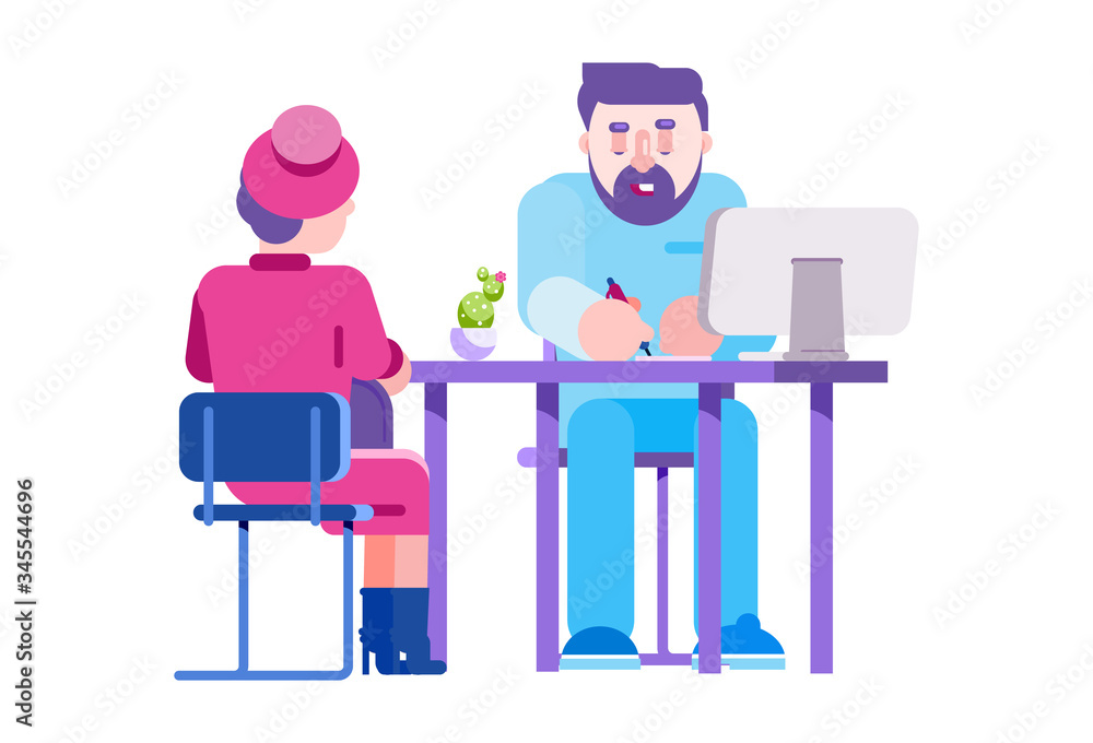 Clinic health care, elderly woman character at doctor appointment, vector illustration. Professional therapist listen cartoon senior in hospital. Medical worker use computer and paper for notes. Clinic health care, elderly woman character at doctor appointment, vector illustration. Professional therapist listen cartoon senior in hospital. Medical worker use computer and paper for notes.