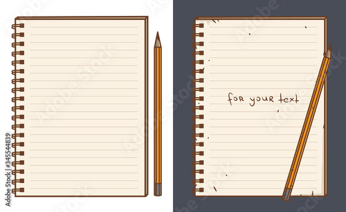 Sketch book of notepad with penci. Vector illustration with hand drawn leaf of notebook. Notepad with clear page.
