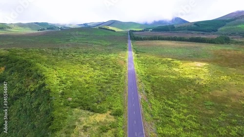 Drone footage of endless road in Flores Azores Island