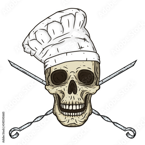 Skull in toque with BBQ skewers. Cartoon skull in hand drawn style. Chef skull